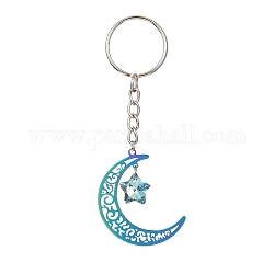 Porte-clés lune creuse en acier inoxydable, avec anneau porte-clés en fer et pendentif étoile en verre, couleur arc en ciel, 9.4 cm