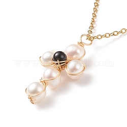 Collana con pendente a croce intrecciata in ossidiana naturale e perle, 304 gioielli avvolgenti in filo di acciaio inossidabile per le donne, 17.72 pollice (45 cm)