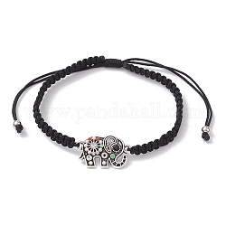 Bracelet à maillons éléphant en alliage de strass, bracelet réglable tressé en fil de nylon, noir, diamètre intérieur: 2~3-3/8 pouce (5.1~8.5 cm)