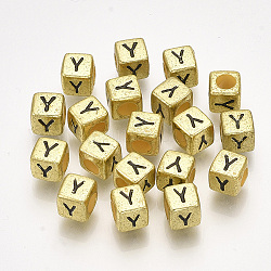Perles acryliques, trou horizontal, métallisés, cube avec letter.y, 6x6x6mm, 2600 pcs / 500 g