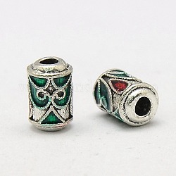 Antique Silver Tone Column Brass Enamel Beads, Nickel Free, Teal and Brown, 9x5mm, Hole: 2mm
