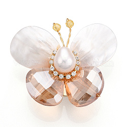 Broches papillon en coquillage naturel et pavé de cristal en zircone cubique pour femmes, avec des épingles en perles de laiton, véritable 14k plaqué or, 32~38x36.5~40x16~17mm