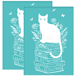 Olycraft 2 Stück 5.5x7.7,[1] cm Katze selbstklebende Siebdruckschablone Katze auf Buch Siebdruckschablone Blume Katze wiederverwendbare Netzschablonen Transfer für DIY T-Shirt Stoffmalerei