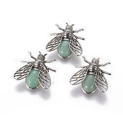 Natural Green Aventurine Brooches, with Brass Findings, Cicada, Antique Silver, 38x36x8mm, Pin: 0.6mm