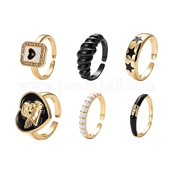6 Uds 6 anillos de puño de latón dorado estilo, anillos abiertos, estrella y textura y corazón y rectángulo y junta de bambú, blanco, negro, 1pc / estilo