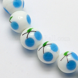 Cherry Pattern Handmade Lampwork Round Beads Strands, Sky Blue, 12mm, Hole: 1mm, about 28pcs/strand, 13.2inch