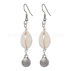Natural Shell Dangle Earrings, Tibetan Style Alloy Long Drop Earrings with 304 Stainless Steel Pins, Shell Shape, 62.5x12mm