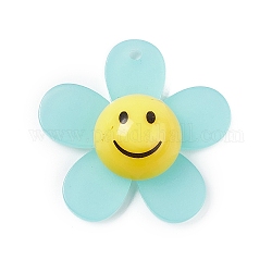 Frosted Translucent Acrylic Pendants, Sunflower with Smiling Face Charm, Pale Turquoise, 29x30x9mm, Hole: 1.8mm