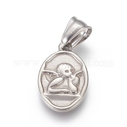 304 Stainless Steel Pendants, Oval with Cupid/Cherub, Stainless Steel Color, 22x14.5x2.5mm, Hole: 5.5x8.5mm