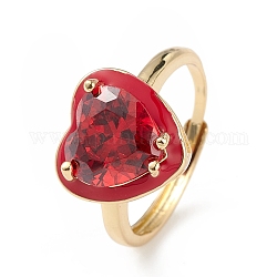 Corazón de circonitas cúbicas ajustable con esmalte, joyería de latón chapado en oro real de 18k para mujer, sin plomo y el cadmio, rojo, diámetro interior: 18 mm