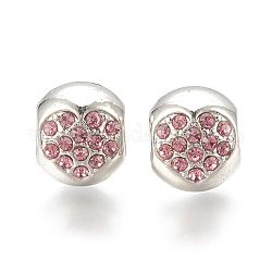 Abalorios europeos de aleación, Abalorios de grande agujero, con diamante de imitación, corazón, Platino, rosa luz, 10.5x9x10mm, agujero: 4.5 mm