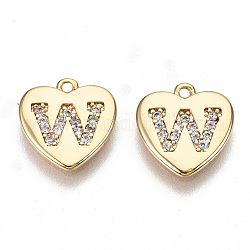 Brass Micro Pave Clear Cubic Zirconia Charms, Nickel Free, Real 18K Gold Plated, Flat Heart, Letter.W, 10x10x1mm, Hole: 1mm