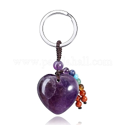 Portachiavi con ciondolo a forma di cuore con ametista naturale, con perla di pietre preziose chakra, per gli ornamenti delle chiavi dell'auto della borsa, 7cm