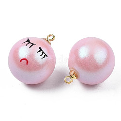 Abs Kunststoff-Perlenimitationen, mit emaillierten und vergoldeten Messingschlaufen, Runde mit Ausdruck, rosa, 17x14 mm, Bohrung: 1.4 mm