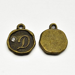Античная бронза покрытием сплава горный хрусталь подвески, плоские круглые с letter.d, без никеля , 13x10x1.5 мм, отверстие : 1 мм