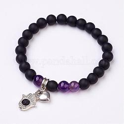 Natural Amethyst Bead Charm Bracelets, with Alloy Charms, Heart and Palm, Antique Silver, 2-1/8 inch(53mm)