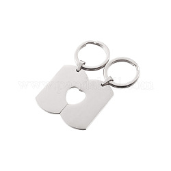 304 porte-clés couple en acier inoxydable, rectangle avec demi-cœur, couleur inoxydable, 3.2x1.7x0.15 cm