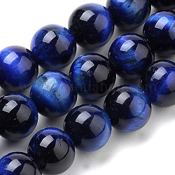 Chapelets de perles d'œil de tigre naturel, teinte, ronde, bleu, 8mm, Trou: 1mm, Environ 47 pcs/chapelet, 15.2 pouce
