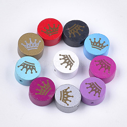 Printed Natural Maple Wood Beads, Dyed, Flat Round with Crown, Mixed Color, 19~20x10~10.5mm, Hole: 2.5mm, about 250pcs/500g