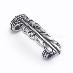 Retro 304 Edelstahl Slide Charms / Slider Perlen, für die Herstellung von Lederbändern, Federform, Antik Silber Farbe, 32.5x11x8 mm, Bohrung: 4x8 mm