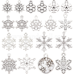 SUNNYCLUE 120Pcs 12 Style Tibetan Style Alloy Pendants, Snowflake, Antique Silver & Platinum, 15~28x10.5~22x1~2.5mm, Hole: 0.7~2mm, 10pcs/style