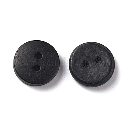 2-trou, Boutons de noix de coco, plat rond, noir, 12~12.5x2~3mm, Trou: 1.5~1.8mm