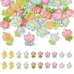 30pcs 5 couleurs pendentifs en résine transparente, breloques de fleurs, avec boucles en alliage de ton platine, couleur mixte, 25~29x17.5~22x5~8mm, Trou: 2mm, 6 pcs / couleur