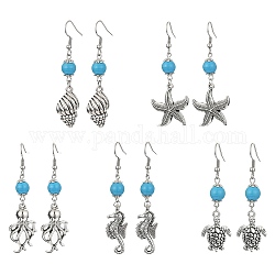 Boucles d'oreilles pendantes en alliage sur le thème de l'océan avec perles turquoise synthétiques, formes mixtes, 58.5~66x12.5~23mm