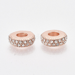 Perle europee in lega placcate oro rosa, con rhinestones, perline con foro grande, rotondo e piatto, cirstallo, 11x3.5mm, Foro: 4.5 mm