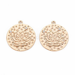 Brass Micro Pave Clear Cubic Zirconia Pendants, Nickel Free, Flat Round with Lotus, Real 18K Gold Plated, 22x20x2mm, Hole: 1.5mm