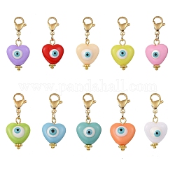 Heart with Evil Eye Resin Pendant Decorations, 304 Stainless Steel Lobster Claw Clasps Charms, Golden, Mixed Color, 31mm