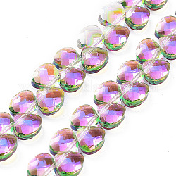 Fili di perle di vetro triangolari elettroplaccate, pieno arcobaleno placcato, sfaccettato, medio orchidea, 9x10x5mm, Foro: 1 mm, circa 100pcs/filo, 23.62'' (60 cm)