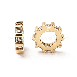 Ottone micro spianare perline europei zirconi, perline con foro grande, vero placcato oro 18k, ingranaggio, chiaro, 9x2.5mm, Foro: 5 mm