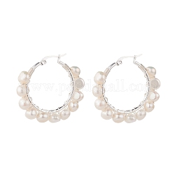 Aretes de aro con cuentas envueltos en alambre de perla natural para mujer, plata, blanco, 38x41x8mm, pin: 0.8 mm