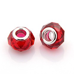 Transparent Resin European Beads, Large Hole Beads, with Platinum Brass Double Cores, Faceted, Rondelle, Red, 14x9mm, Hole: 5mm
