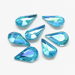 Pointed Back Glass Rhinestone Cabochons, Back Plated, Faceted, AB Color Plated, teardrop, Deep Sky Blue, 13x8x4mm