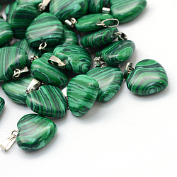 Heart Dyed Synthetic Malachite Pendants, with Platinum Tone Brass Findings, 17~19x15~16x5~8mm, Hole: 2x7mm
