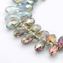 Half Plated Faceted Teardrop Electroplate Glass Pendants Beads Strands, Top Drilled Beads, Green Plated, 14x7mm, Hole: 1mm, about 80pcs/strand, 15.5 inch