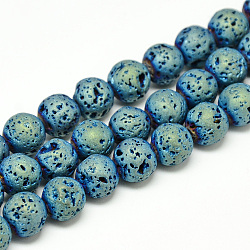 Galvanoplastie des brins de perles de pierre de lave naturelle, Style mat, ronde, vert plaqué, 4~5mm, Trou: 0.5mm, Environ 88 pcs/chapelet, 13.7~14.9 pouce
