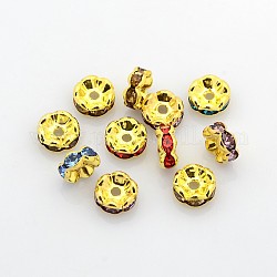 Perles séparateurs en laiton avec strass, Grade A mélange, rondelle, doré et sans nickel, couleurs assorties, environ 8 mm de diamètre, épaisseur de 3.8mm, Trou: 1.5mm