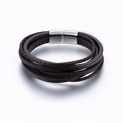 Cordón de cuero pulseras de varias vueltas, 304 de acero inoxidable con cierre magnético, Rectángulo, color acero inoxidable, 8-5/8 pulgada (22 cm), 3~24x3mm