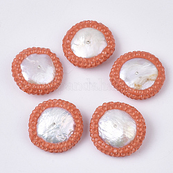 Polymer Ton Strass Perlen, mit natürlicher Süßwasser-Zuchtperle, Flachrund, Koralle, 19~22x19~21x5~8 mm, Bohrung: 0.7 mm