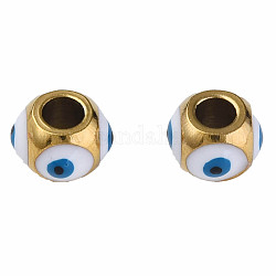 201 Stainless Steel Enamel Beads, Round with Evil Eye, Golden, White, 8.5x8.5x6mm, Hole: 3mm