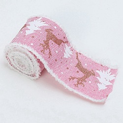 Christmas Theme Wired Linen Ribbon, Fuzzy Edged Ribbon, Deer & Christmas Tree Print, Pink, 2-1/2 inch(65mm), about 10.94 Yards(10m)/Roll