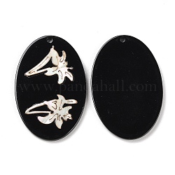 Opaque Flower Pattern Acrylic Pendants, with Shell, Black, Oval, 39.5x26x2.5mm, Hole: 1.8mm