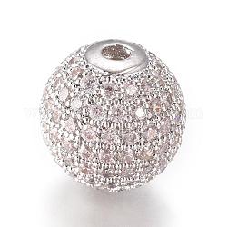 CZ Jewelry Brass Micro Pave Cubic Zirconia Round Beads, Clear, Platinum, 12mm, Hole: 2mm
