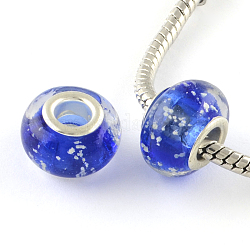 Bagliore nelle perle europee a mano stile luminoso a Lume grande buco nero, con nucleo in ottone tono argento, rondelle, blu, 14x9~10mm, Foro: 5 mm