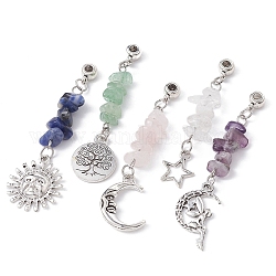 Mixed Gemstone Chip Pendants, with Antique Silver Tone Alloy Charms, Mixed Shapes, 56~64mm, Hole: 3mm