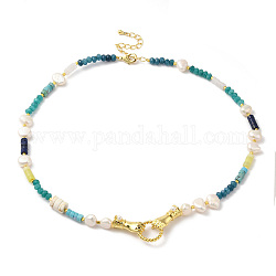 Halsketten aus natürlichen gemischten Edelsteinen und Perlen, Echte, mit 18 Karat vergoldete Messing-Doppelhand-Glieder-Bohemien-Halskette für Frauen, cadmiumfrei und bleifrei, 15.79 Zoll (40.1 cm)