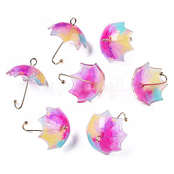 Pendentifs acryliques imprimés, avec les accessoires en laiton plaqués or, Parapluie 3d avec motif de fleurs, colorées, 22~24x18x18mm, Trou: 1.2~1.8mm